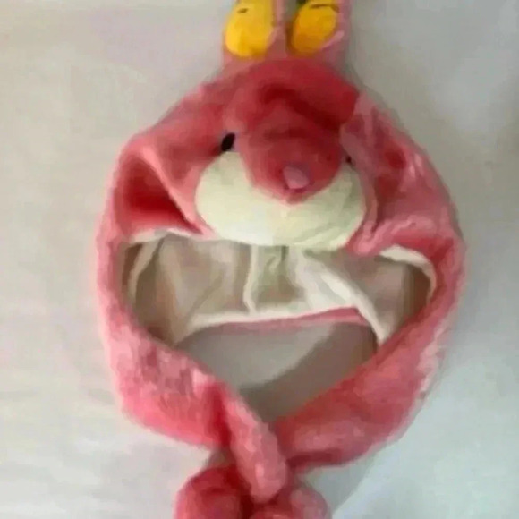 Pink Plush Fuzzy Snow beanie Bunny Ears Winter  Fluffy  Hat with Pom Pom Tie - Picture 1 of 5